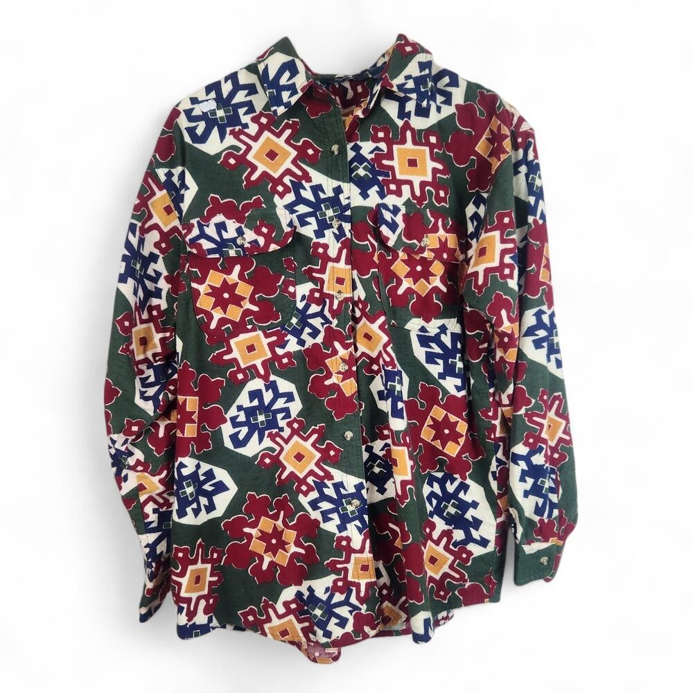 90s Vintage Aztec Flannel Medium Brushed Fleece Long Sleeve Abstract Western Fun